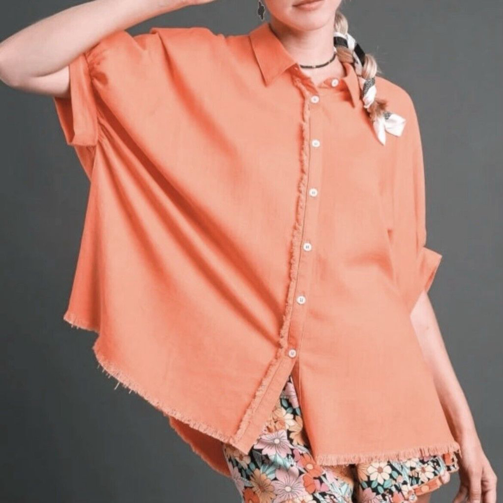 Umgee NWT Coral Pink Raw Hem Collared Dolman Sleeve Linen Blend Top- Medium